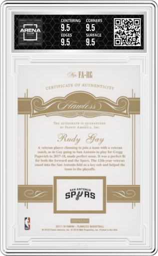 Rudy Gay from the 2017-18 Panini Flawless set featuring a Ruby parallel graded by Arena Club and given an overall grade of 9.5.