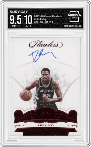 Rudy Gay from the 2017-18 Panini Flawless set featuring a Ruby parallel graded by Arena Club and given an overall grade of 9.5.