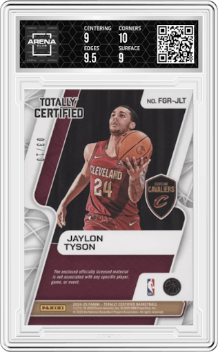 Jaylon Tyson from the 2024-25 Panini Totally Certified set featuring a Mirror Gold Platinum parallel graded by Arena Club and given an overall grade of 9.5.
