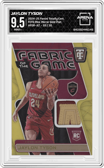 Jaylon Tyson from the 2024-25 Panini Totally Certified set featuring a Mirror Gold Platinum parallel graded by Arena Club and given an overall grade of 9.5.