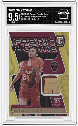 Jaylon Tyson from the 2024-25 Panini Totally Certified set featuring a Mirror Gold Platinum parallel graded by Arena Club and given an overall grade of 9.5.