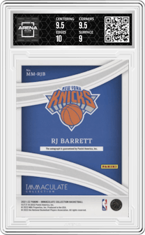 RJ Barrett  from the 2021-22 Panini Immaculate Collection set featuring a Red parallel graded by Arena Club and given an overall grade of 9.5.