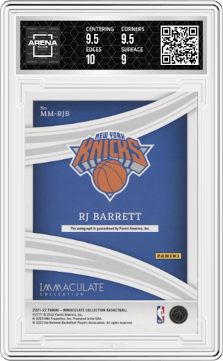 RJ Barrett  from the 2021-22 Panini Immaculate Collection set featuring a Red parallel graded by Arena Club and given an overall grade of 9.5.