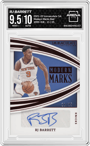 RJ Barrett  from the 2021-22 Panini Immaculate Collection set featuring a Red parallel graded by Arena Club and given an overall grade of 9.5.