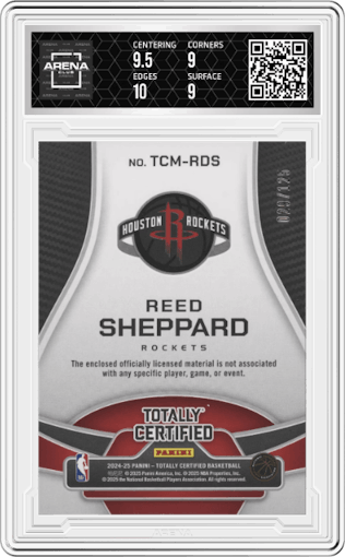 Reed Sheppard from the 2024-25 Panini Totally Certified set graded by Arena Club and given an overall grade of 9.5.