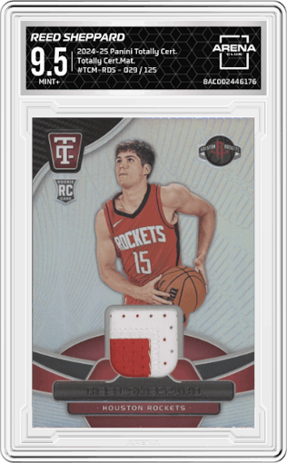 Reed Sheppard from the 2024-25 Panini Totally Certified set graded by Arena Club and given an overall grade of 9.5.