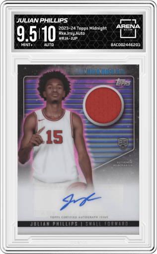 Julian Phillips from the 2023-24 Topps Midnight set graded by Arena Club and given an overall grade of 9.5.