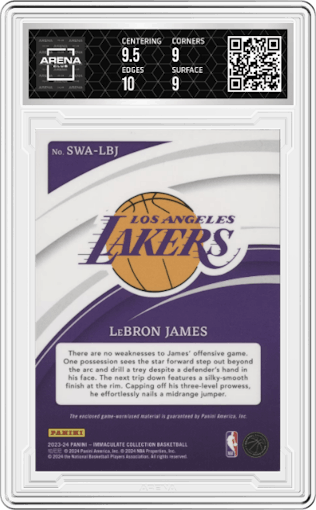 LeBron James from the 2023-24 Panini Immaculate Collection set graded by Arena Club and given an overall grade of 9.5.