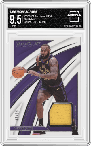 LeBron James from the 2023-24 Panini Immaculate Collection set graded by Arena Club and given an overall grade of 9.5.