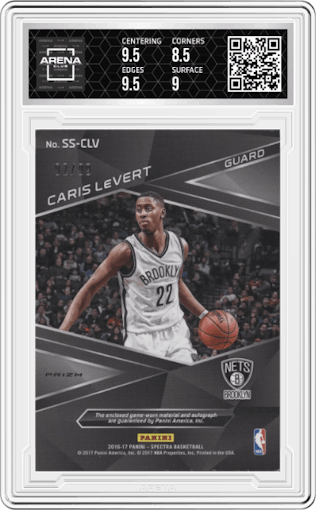 Caris LeVert from the 2016-17 Panini Spectra set featuring a Neon Blue parallel graded by Arena Club and given an overall grade of 9.