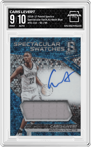 Caris LeVert from the 2016-17 Panini Spectra set featuring a Neon Blue parallel graded by Arena Club and given an overall grade of 9.
