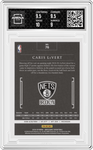 Caris LeVert from the 2018-19 Panini Impeccable  set featuring a Silver parallel graded by Arena Club and given an overall grade of 9.5.