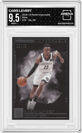 Caris LeVert from the 2018-19 Panini Impeccable  set featuring a Silver parallel graded by Arena Club and given an overall grade of 9.5.