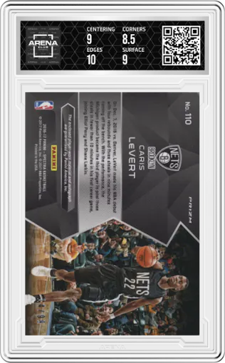 Caris LeVert from the 2016-17 Panini Spectra set featuring a Neon Blue parallel graded by Arena Club and given an overall grade of 9.