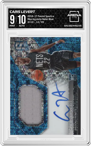 Caris LeVert from the 2016-17 Panini Spectra set featuring a Neon Blue parallel graded by Arena Club and given an overall grade of 9.