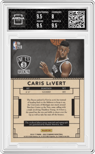 Caris LeVert from the 2016-17 Panini Gold Standard set graded by Arena Club and given an overall grade of 8.5.