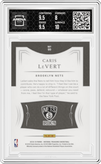 Caris LeVert from the 2018-19 Panini National Treasures set graded by Arena Club and given an overall grade of 8.5.
