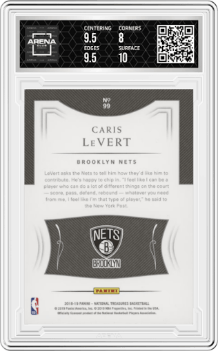 Caris LeVert from the 2018-19 Panini National Treasures set graded by Arena Club and given an overall grade of 8.5.