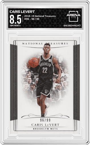 Caris LeVert from the 2018-19 Panini National Treasures set graded by Arena Club and given an overall grade of 8.5.