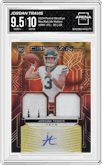 Jordan Travis from the 2024 Panini Obsidian set featuring a Molten FOTL parallel graded by Arena Club and given an overall grade of 9.5.