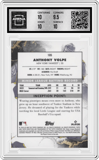 Anthony Volpe from the 2023 Topps Inception set featuring a Orange parallel graded by Arena Club and given an overall grade of 10.