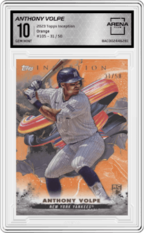 Anthony Volpe from the 2023 Topps Inception set featuring a Orange parallel graded by Arena Club and given an overall grade of 10.