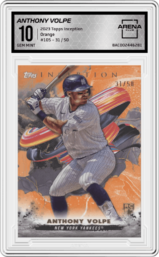 Anthony Volpe from the 2023 Topps Inception set featuring a Orange parallel graded by Arena Club and given an overall grade of 10.