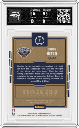 Buddy Hield from the 2016-17 Panini Donruss  set graded by Arena Club and given an overall grade of 9.5.