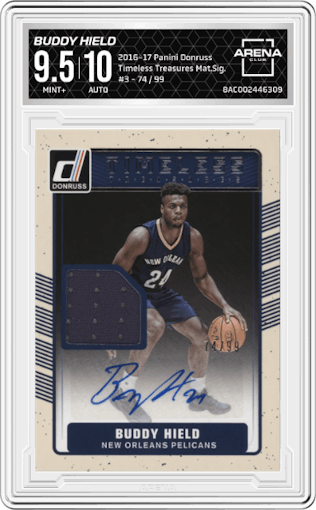 Buddy Hield from the 2016-17 Panini Donruss  set graded by Arena Club and given an overall grade of 9.5.
