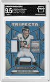 Aaron Rodgers from the 2024 Panini Obsidian set featuring a Blue parallel graded by Arena Club and given an overall grade of 9.5.