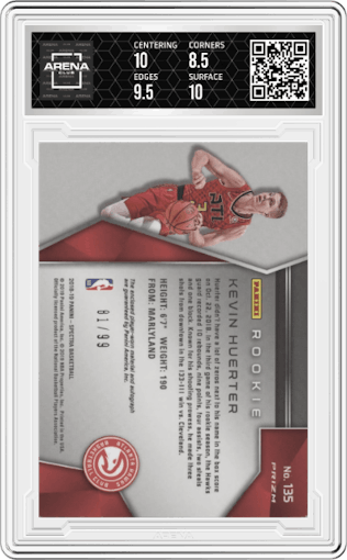 Kevin Huerter from the 2018-19 Panini Spectra set featuring a Neon Blue parallel graded by Arena Club and given an overall grade of 9.