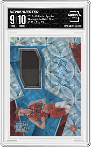 Kevin Huerter from the 2018-19 Panini Spectra set featuring a Neon Blue parallel graded by Arena Club and given an overall grade of 9.