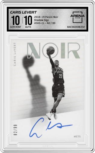 Caris LeVert from the 2018-19 Panini Noir set graded by Arena Club and given an overall grade of 10.