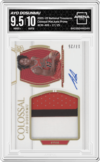 Ayo Dosunmu from the 2021-22 Panini National Treasures set featuring a Prime parallel graded by Arena Club and given an overall grade of 9.5.