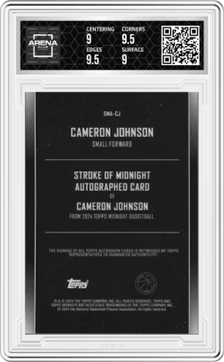 Cameron Johnson from the 2023-24 Topps Midnight set graded by Arena Club and given an overall grade of 9.5.