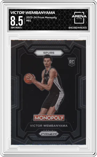 Victor Wembanyama from the 2023-24 Panini Prizm Monopoly set graded by Arena Club and given an overall grade of 8.5.