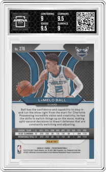LaMelo Ball from the 2020-21 Panini Prizm set graded by Arena Club and given an overall grade of 9.5.