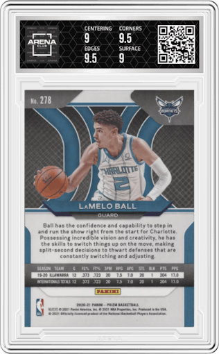 LaMelo Ball from the 2020-21 Panini Prizm set graded by Arena Club and given an overall grade of 9.5.