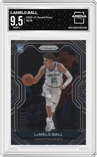 LaMelo Ball from the 2020-21 Panini Prizm set graded by Arena Club and given an overall grade of 9.5.
