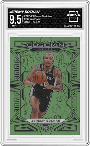 Jeremy Sochan from the 2022-23 Panini Obsidian set featuring a Electric Etch Green Flood parallel graded by Arena Club and given an overall grade of 9.5.