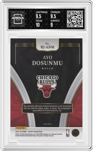Ayo Dosunmu from the 2021-22 Panini Select set featuring a Red Wave parallel graded by Arena Club and given an overall grade of 9.5.