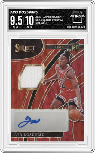 Ayo Dosunmu from the 2021-22 Panini Select set featuring a Red Wave parallel graded by Arena Club and given an overall grade of 9.5.