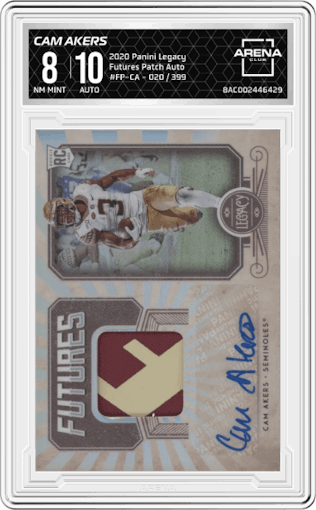 Cam Akers from the 2020 Panini Legacy set graded by Arena Club and given an overall grade of 8.
