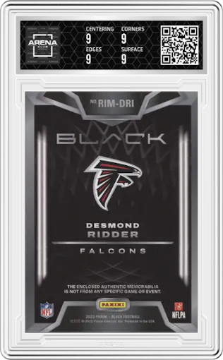 Desmond Ridder from the 2022 Panini Black set featuring a Silver parallel graded by Arena Club and given an overall grade of 9.