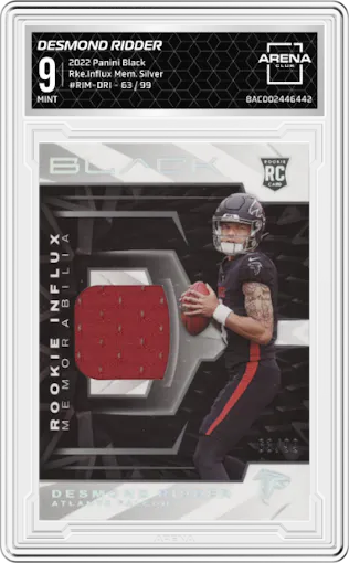 Desmond Ridder from the 2022 Panini Black set featuring a Silver parallel graded by Arena Club and given an overall grade of 9.