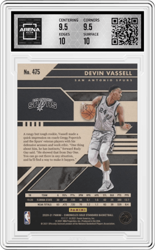 Devin Vassell from the 2020-21 Panini Chronicles set graded by Arena Club and given an overall grade of 10.