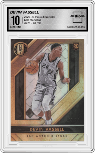 Devin Vassell from the 2020-21 Panini Chronicles set graded by Arena Club and given an overall grade of 10.