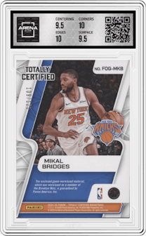 Mikal Bridges from the 2024-25 Panini Totally Certified set graded by Arena Club and given an overall grade of 10.