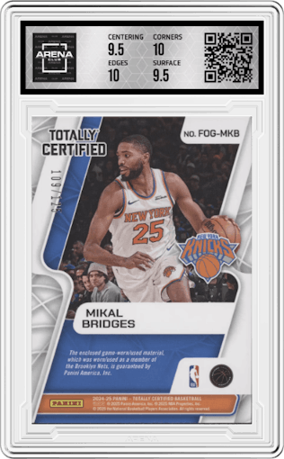 Mikal Bridges from the 2024-25 Panini Totally Certified set graded by Arena Club and given an overall grade of 10.