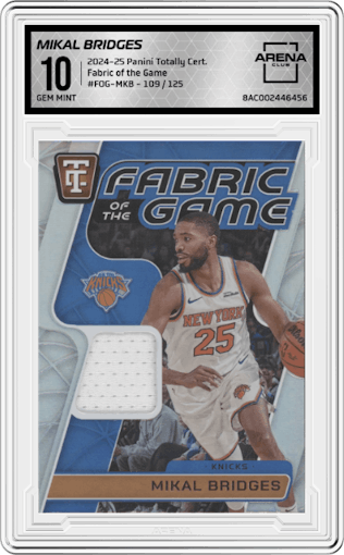 Mikal Bridges from the 2024-25 Panini Totally Certified set graded by Arena Club and given an overall grade of 10.
